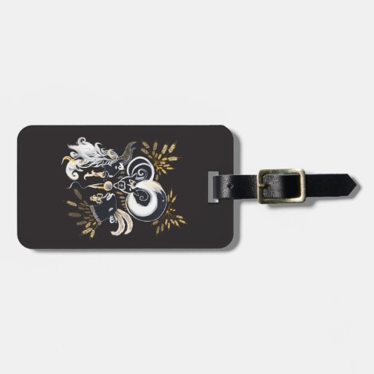 白黒の歌いヤギのインクイラストレーション ラゲッジタグ (正面横)