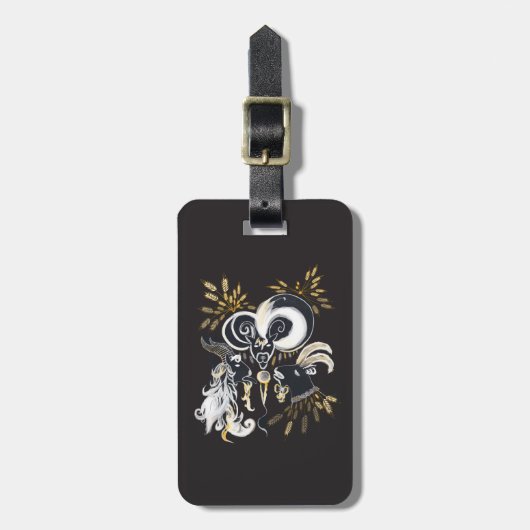 白黒の歌いヤギのインクイラストレーション ラゲッジタグ (正面縦)