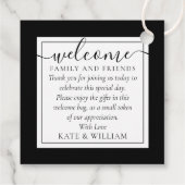 白黒の歓迎結婚ギフトバスケットバッグ フェイバータグ (裏面)