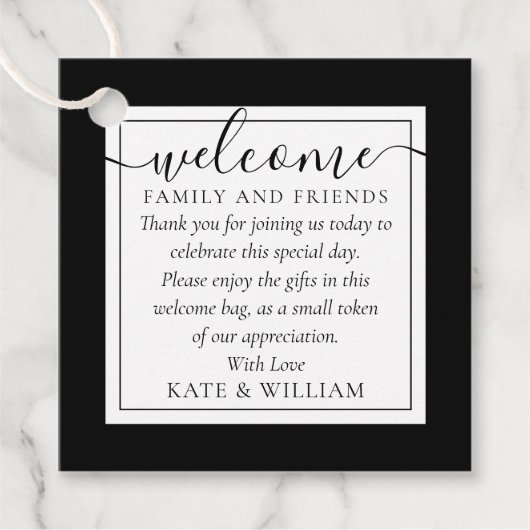 白黒の歓迎結婚ギフトバスケットバッグ フェイバータグ (正面)
