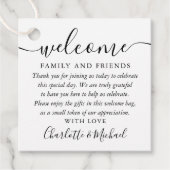 白黒の歓迎結婚ギフトバスケットバッグ フェイバータグ (正面)