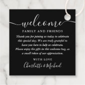 白黒の歓迎結婚ギフトバスケットバッグ フェイバータグ (裏面)