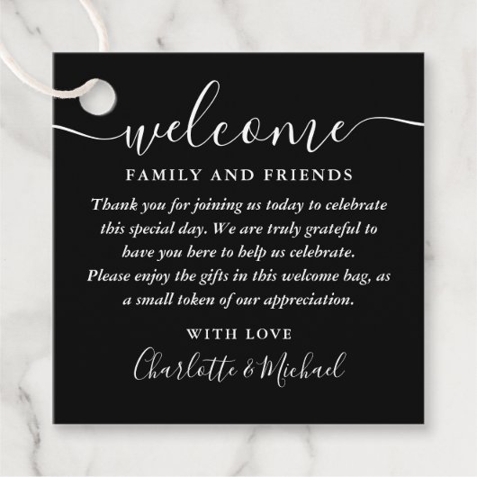 白黒の歓迎結婚ギフトバスケットバッグ フェイバータグ (正面)