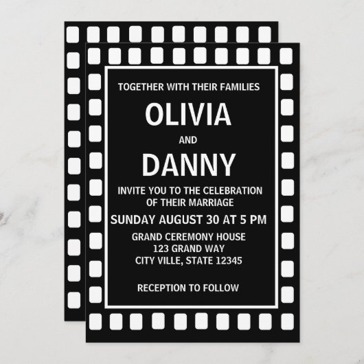 白黒の正方形のトレンディーモダン結婚の 招待状 (正面/裏面)