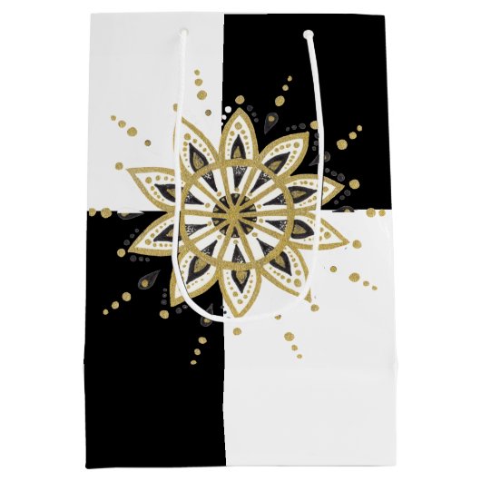 白黒の正方形金ゴールドと金ゴールドモダン曼荼羅 ミディアムペーパーバッグ (裏面)