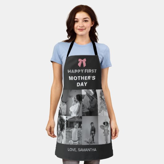 白黒の母の日フォトコラージュ エプロン (着用した状態)