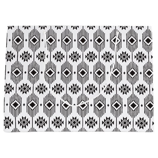 白黒の民族イカットの幾何学的パターン ラージペーパーバッグ (正面)