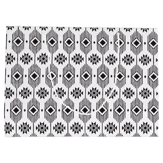 白黒の民族イカットの幾何学的パターン ラージペーパーバッグ (裏面)