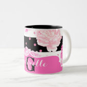 白黒の水平ストライプ水色フローラ ツートーンマグカップ (正面右)