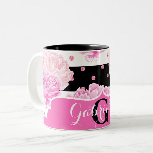 白黒の水平ストライプ水色フローラ ツートーンマグカップ (正面左)