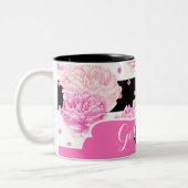 白黒の水平ストライプ水色フローラ ツートーンマグカップ (左)