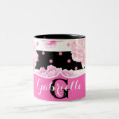 白黒の水平ストライプ水色フローラ ツートーンマグカップ (中央)