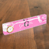 白黒の水平ストライプ水色フローラ デスクネームプレート (側面)