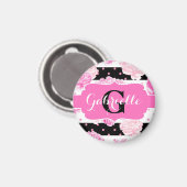 白黒の水平ストライプ水色フローラ マグネット (正面/裏面)