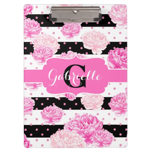 白黒の水平フローラモノグラム クリップボード (正面)