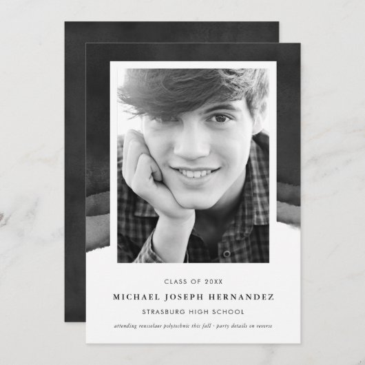 白黒の水彩の卒業写真 招待状 (正面/裏面)