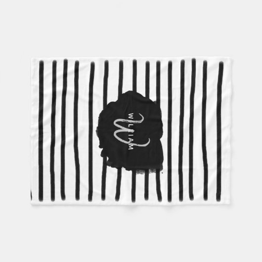 白黒の水彩手描き線 フリースブランケット (正面(横))