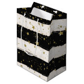 白黒の水彩画のストライプな金ゴールドのグリッターの星 ミディアムペーパーバッグ (正面アングル)