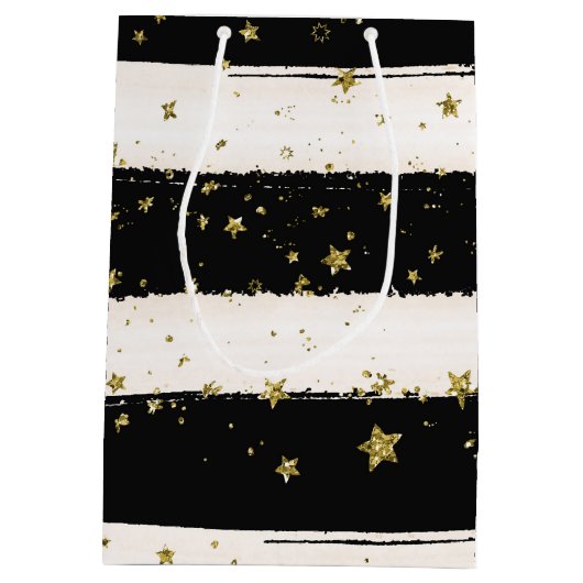 白黒の水彩画のストライプな金ゴールドのグリッターの星 ミディアムペーパーバッグ (裏面)