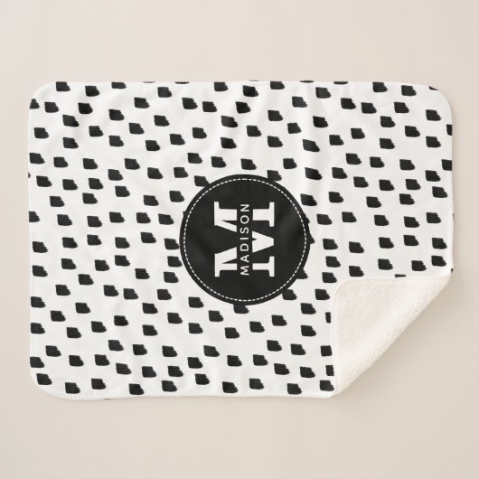 白黒の水彩筆跡モノグラム シェルパブランケット (正面(横))