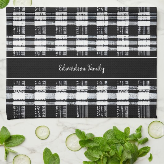 白黒の水牛のプレイドモノグラム名 キッチンタオル (折り畳み)