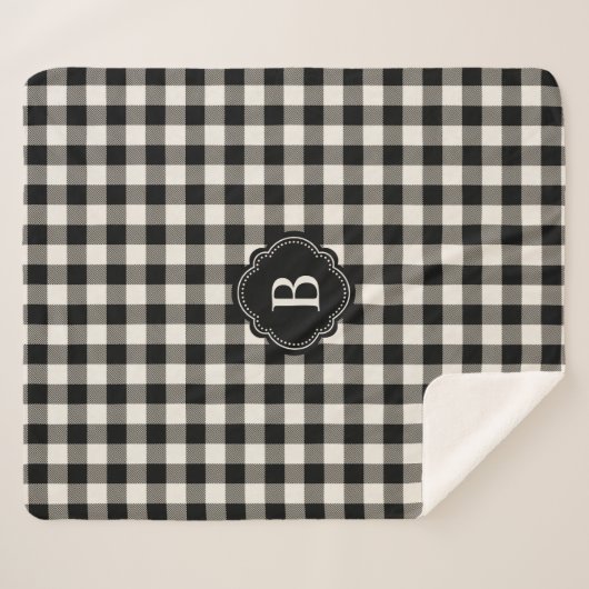 白黒の水牛のモノグラム付きプレイド シェルパブランケット (正面(横))
