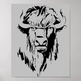 白黒の水牛の頭のイラストレーション ポスター