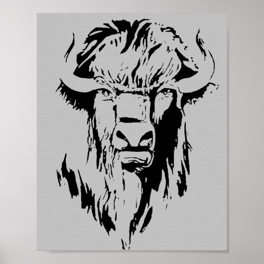 白黒の水牛の頭のイラストレーション ポスター (正面)
