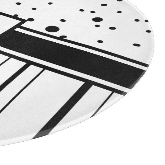 白黒の水玉模様とストライプモノグラムの カッティングボード (角)