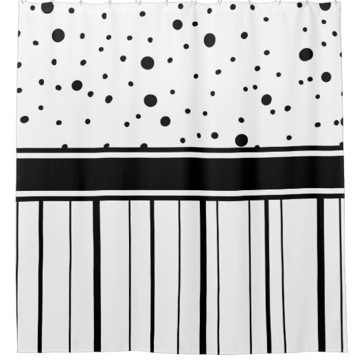 白黒の水玉模様とストライプ シャワーカーテン (正面)