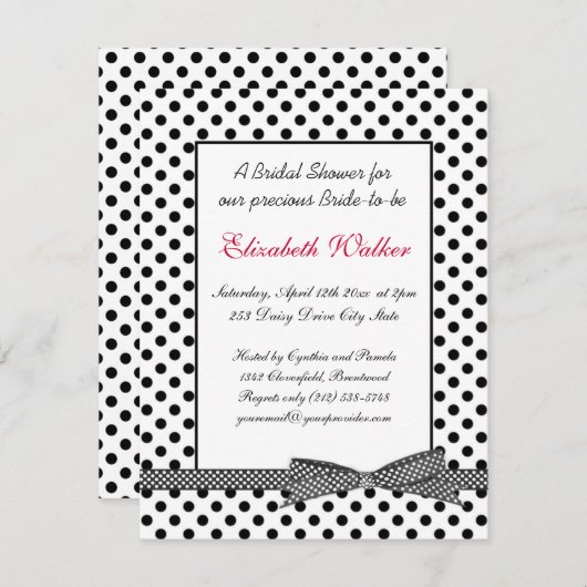 白黒の水玉模様の弓ブライダルシャワー 招待状 (正面/裏面)