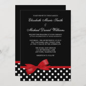 白黒の水玉模様の赤くフェイクな弓結婚式 招待状 (正面/裏面)