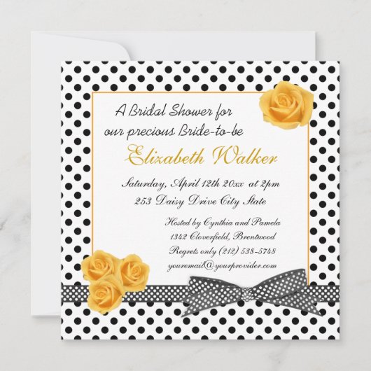 白黒の水玉模様の黄色バラのブライダルシャワー 招待状 (正面)