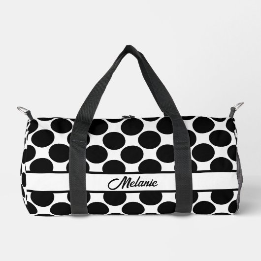 白黒の水玉模様名パターンの大きなドット ダッフルバッグ (正面)