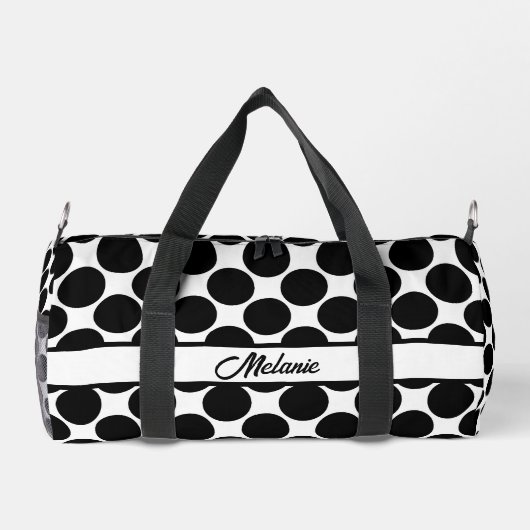白黒の水玉模様名パターンの大きなドット ダッフルバッグ (裏面)