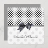 白黒の水玉模様、リボンのブライダルシャワー 招待状 (正面/裏面)