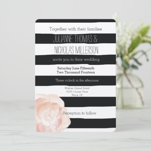 白黒の水色のストライプバラ結婚 招待状 (スタンド正面)