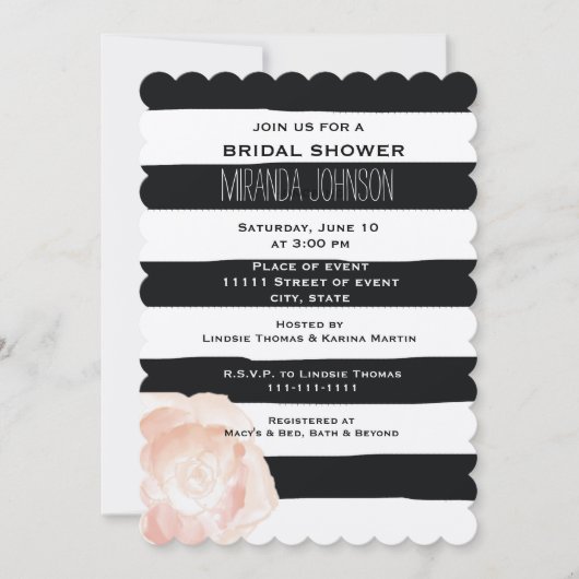 白黒の水色のストライプバラ 招待状 (正面)