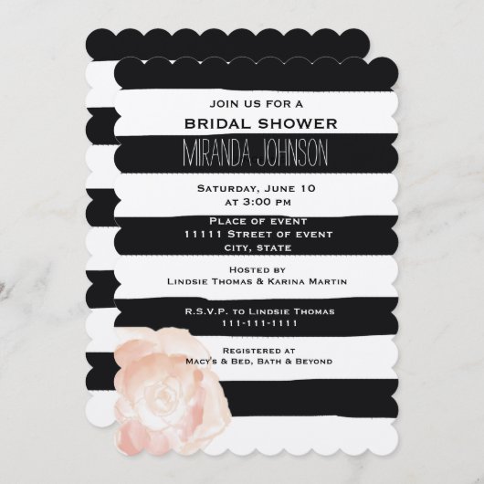 白黒の水色のストライプバラ 招待状 (正面/裏面)