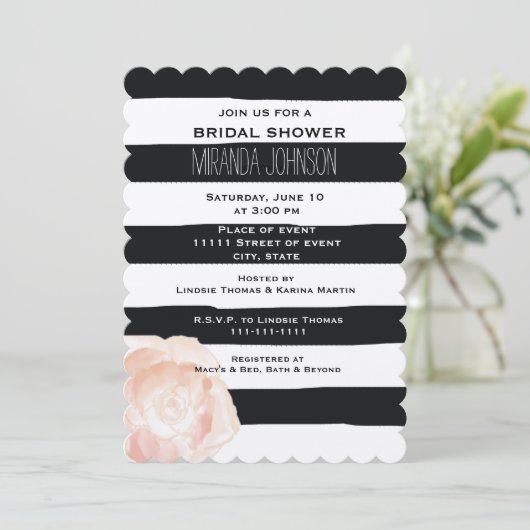 白黒の水色のストライプバラ 招待状 (スタンド正面)