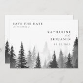白黒の水色の木々の森結婚の セーブザデート (正面/裏面)