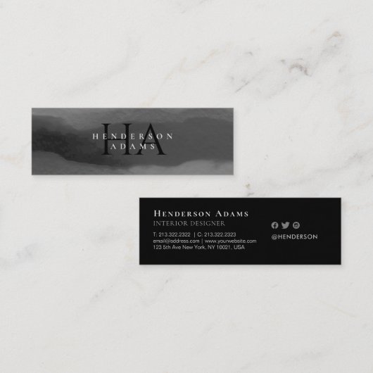 白黒の水色の波状抽象芸術モノグラム スキニー名刺 (正面/裏面)