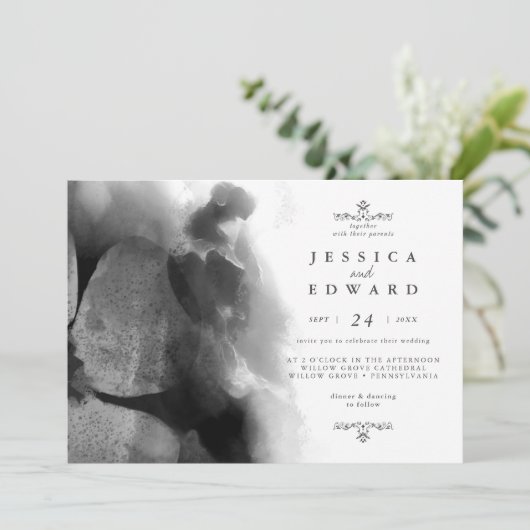 白黒の水色の鳥のフローラ結婚 招待状 (スタンド正面)