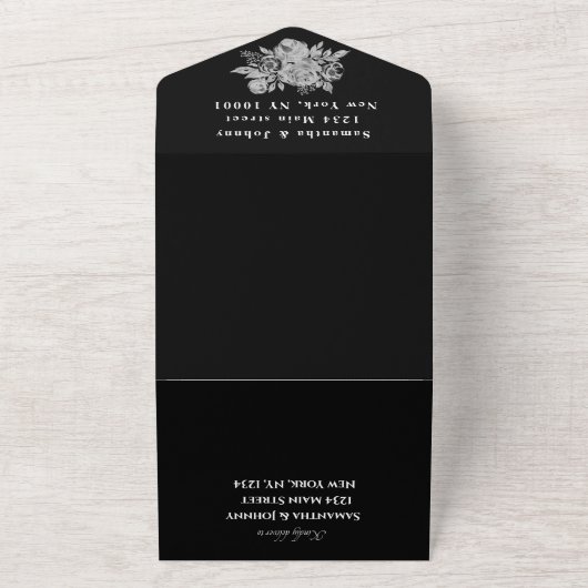 白黒の水色フローラスクリプト結婚の オールインワン招待状 (外側)