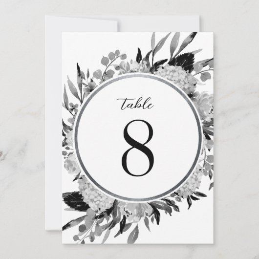 白黒の水色フローラテーブル番号 招待状 (正面)
