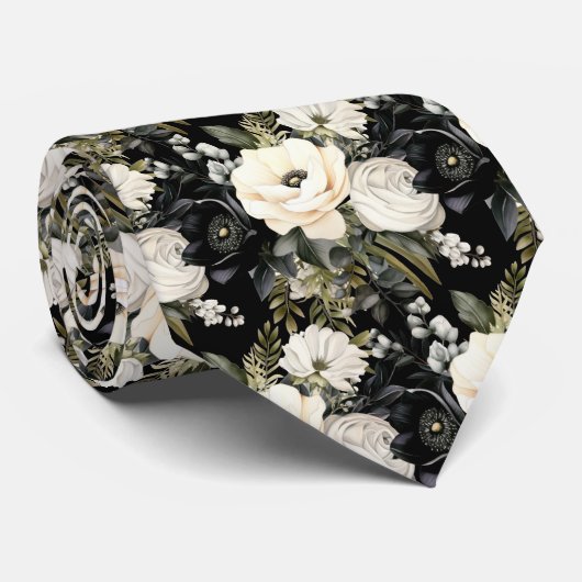 白黒の水色フローラフォーマルネックタイ ネクタイ (ロール)