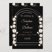 白黒の水色フローラ結婚の箔 招待状 (正面/裏面)