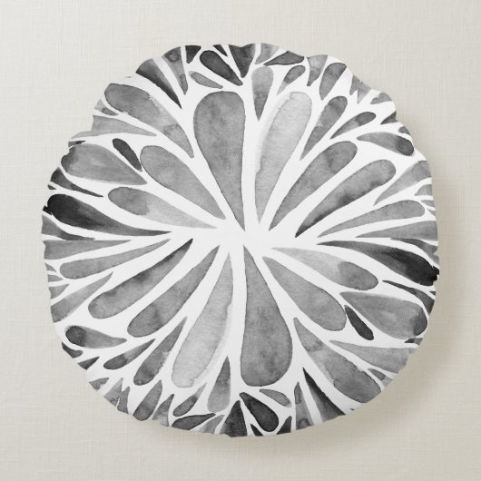 白黒の水色抽象芸術フローラバースト ラウンドクッション (正面)