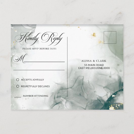 白黒の水色抽象芸術RSVP ポストカード (裏面)