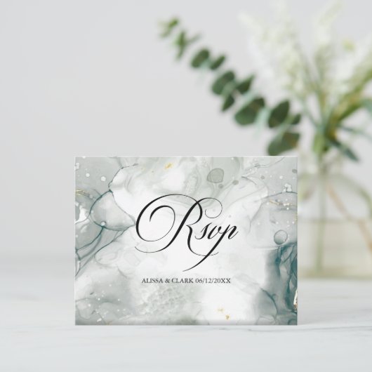 白黒の水色抽象芸術RSVP ポストカード (スタンド正面)